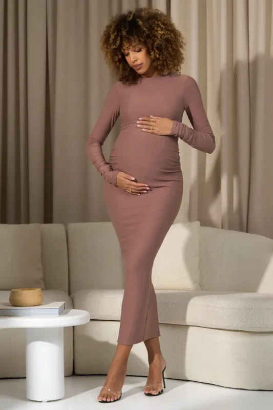 Dove | Warm Taupe Bodycon Long-Sleeve Maternity Maxi Dress sold by Club L London