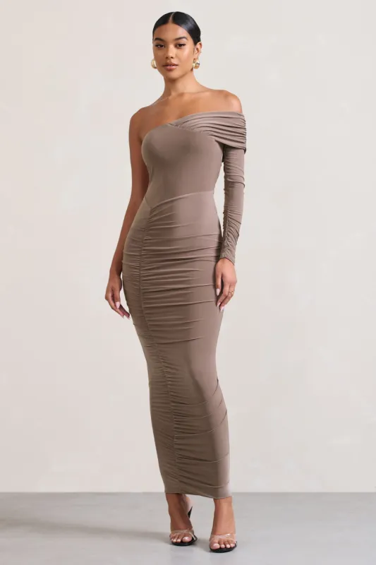 Afterparty | Mocha Ruched Asymmetric Bodycon Maxi Dress sold by Club L London