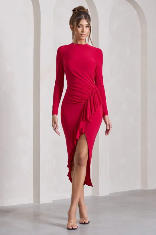 Dolce Vita | Red Long-Sleeve Ruffle Asymmetric Split Maxi Dress sold by Club L London