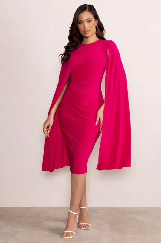Marysol | Pink Asymmetric Cape Midi Dress sold by Club L London