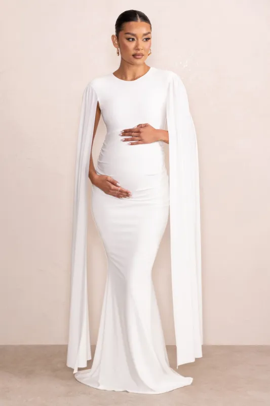 Briony | White Maternity Maxi Dress with Cape Sleeves made by Club L London
