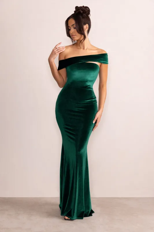 Candela | Bottle Green Velvet Asymmetric Bardot Maxi Dress sold by Club L London