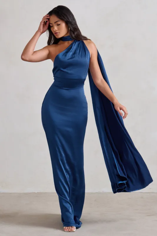 Mademoiselle | Navy Asymmetric Scarf Neck Backless Maxi Dress sold by Club L London