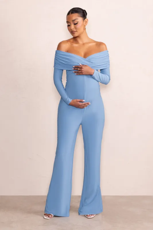 Nuala | Powder Blue Bardot Maternity Jumpsuit with Long Sleeves sold by Club L London