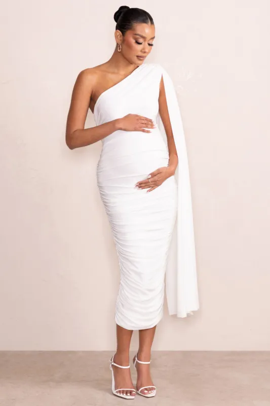 Yara | White One Sleeve Ruched Maternity Midi Dress with Cape Sleeve sold by Club L London