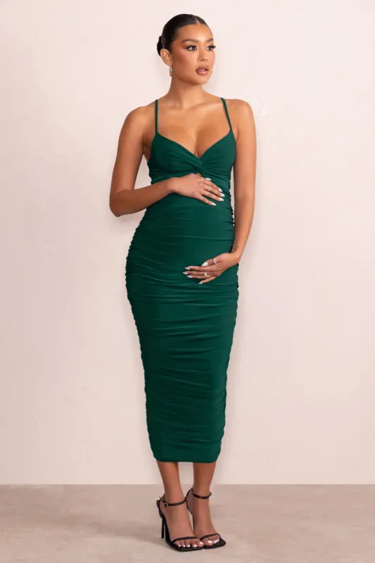 Desired | Bottle Green Maternity Cami Midi Dress with Twist Plunge sold by Club L London