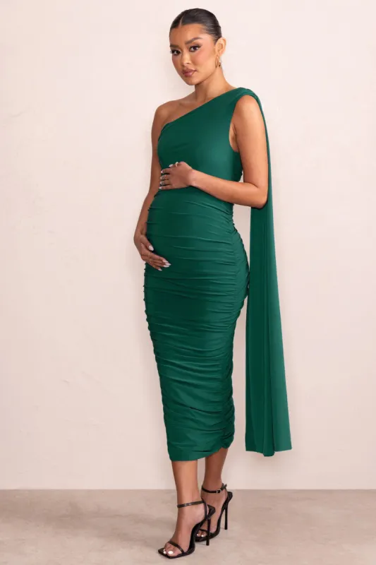 Yara | Bottle Green One Sleeve Ruched Maternity Midi Dress with Cape Sleeve sold by Club L London