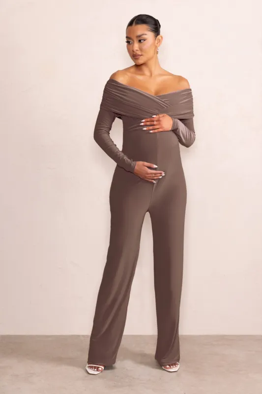 Nuala | Mocha Bardot Maternity Jumpsuit with Long Sleeves sold by Club L London