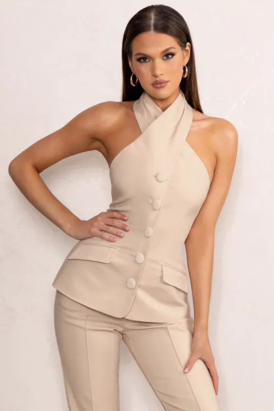 Remi | Stone Cross Halter Neck Tailored Sleeveless Blazer Top sold by Club L London