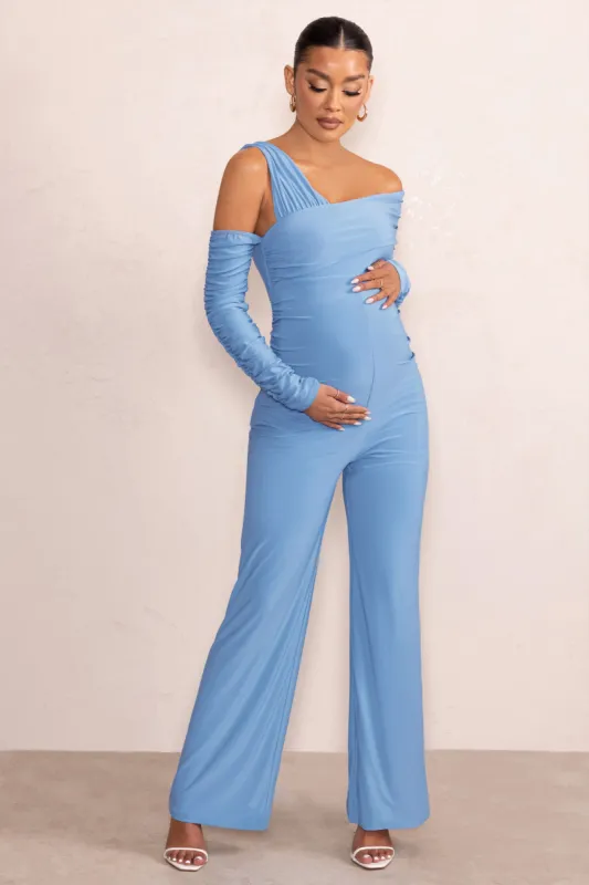 Kelly | Powder Blue Asymmetric Bardot Maternity Jumpsuit with Sleeves sold by Club L London