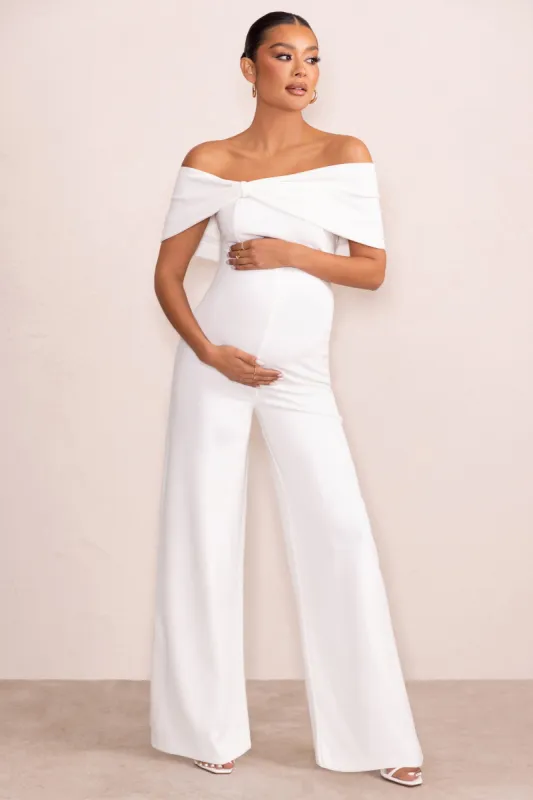 Meave | White Bardot Bow Maternity Jumpsuit sold by Club L London
