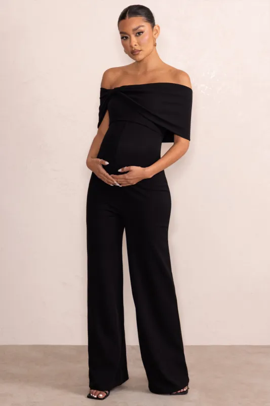 Meave | Black Bardot Bow Maternity Jumpsuit sold by Club L London