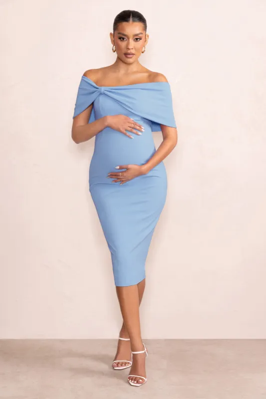 Alyssa | Powder Blue Bardot Bow Maternity Midi Dress with Ruching sold by Club L London