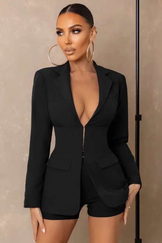 Unbeaten | Black Plunge Corset Waist Blazer sold by Club L London
