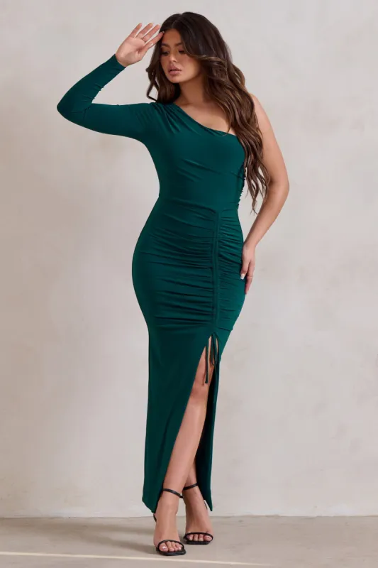 Mystical | Bottle Green One Shoulder Maxi Dress With Side Split sold by Club L London
