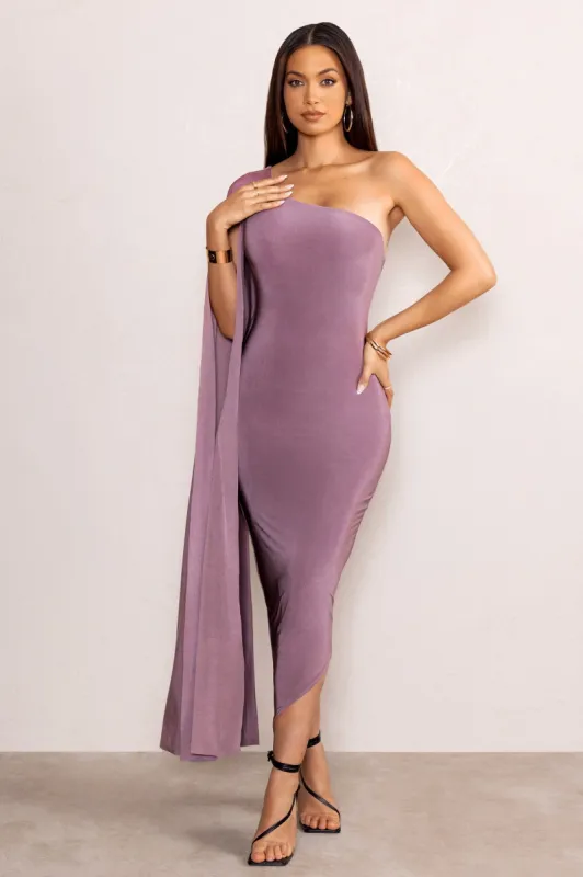 Aliana | Mocha Asymmetric Midi Dress with Cape Sleeve made by Club L London