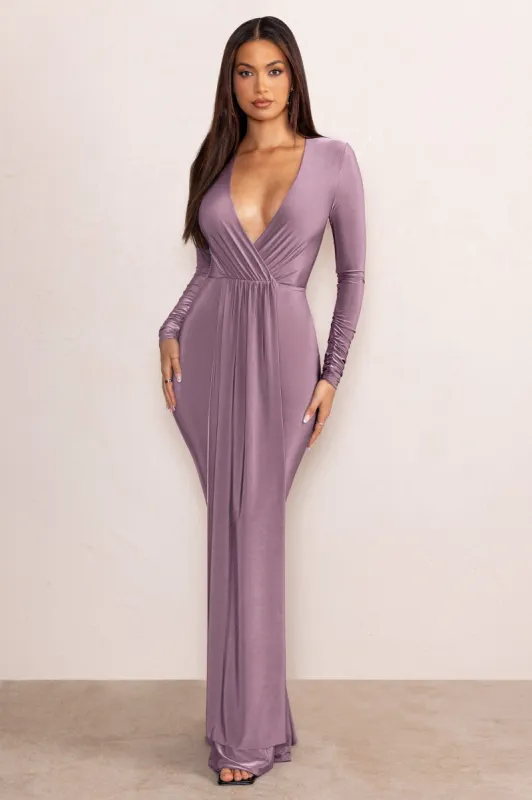 Kyle | Mocha Long Sleeve Plunge Maxi Dress sold by Club L London