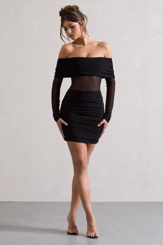 Dallas | Black Ruched Bardot Long-Sleeve Mini Dress sold by Club L London