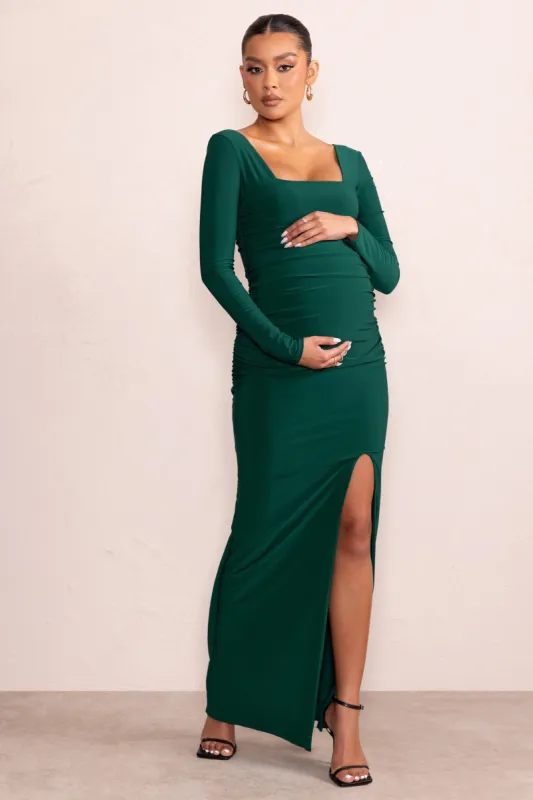 My Pleasure | Bottle Green Long Sleeve Square Neck Maternity Maxi Dress with Split sold by Club L London