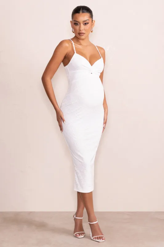 Nelly | White Maternity Cami Midi Dress with Twist Plunge sold by Club L London