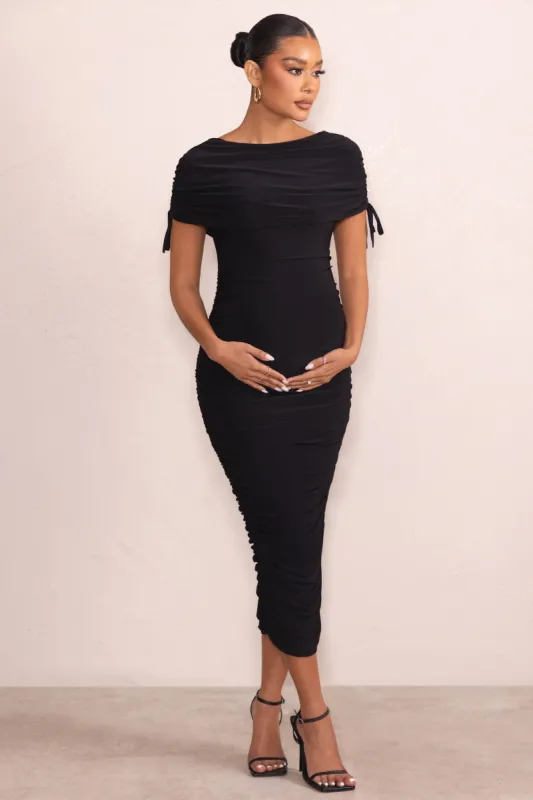 Roxanne | Black Ruched Bardot Maternity Midi Dress sold by Club L London
