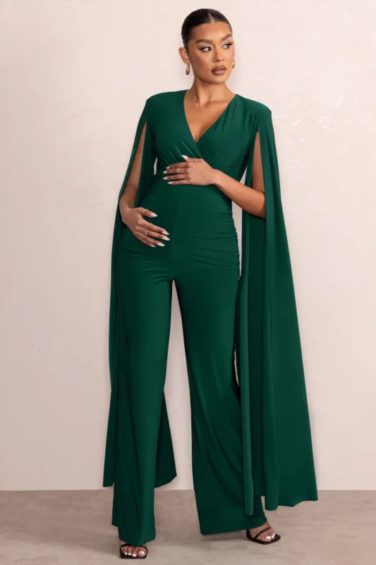Triumph | Bottle Green Plunge Neck Maternity Jumpsuit with Cape Sleeves sold by Club L London