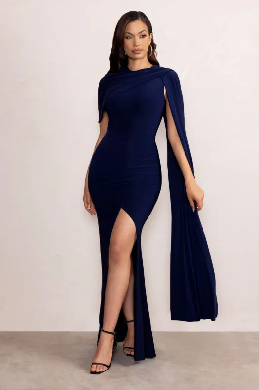 Isla | Navy Asymmetric Bardot Maxi Dress with Cape Sleeve and Side Split sold by Club L London