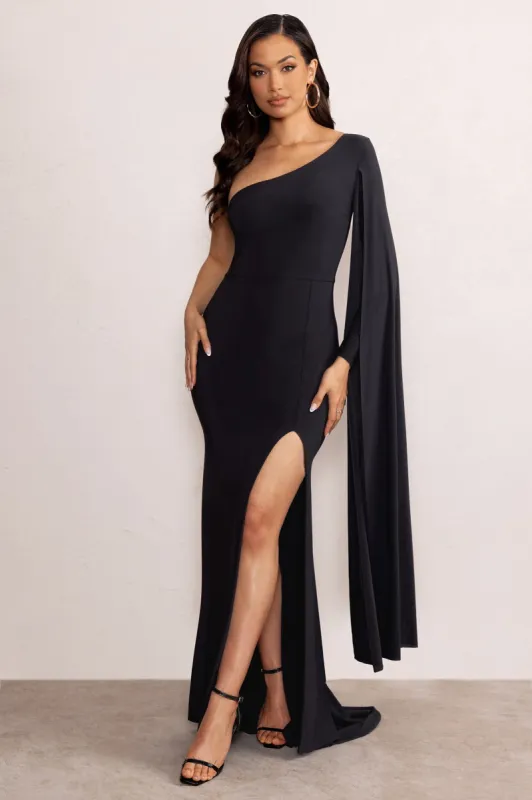 Taylor | Black One Sleeve Maxi Dress with Cape Detailing and Side Split sold by Club L London