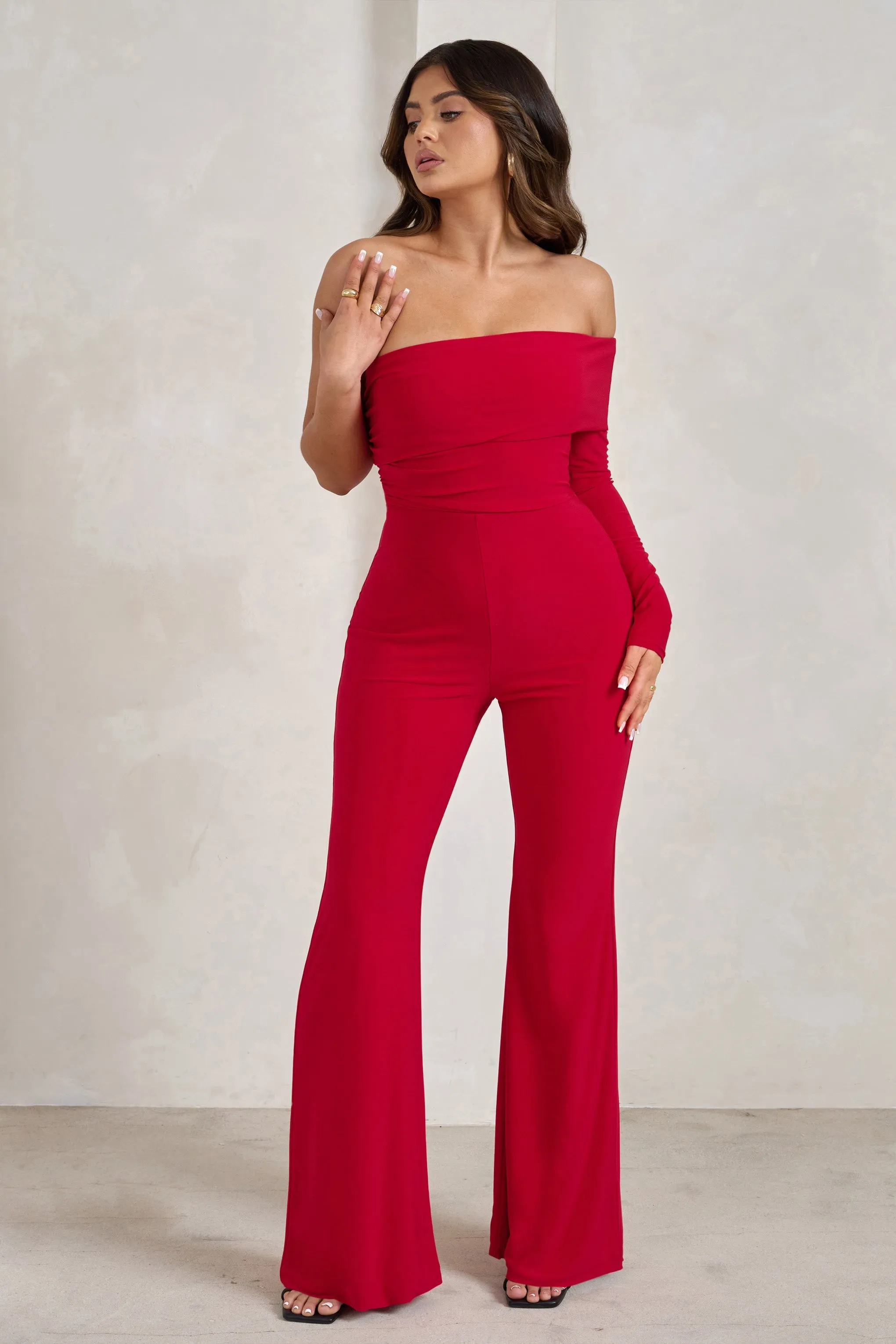 Margie | Red One Sleeve Bardot Jumpsuit sold by Club L London product image thumbnail 5