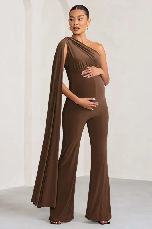 Sing To Sleep | Chocolate Maternity One Shoulder Cape Jumpsuit sold by Club L London