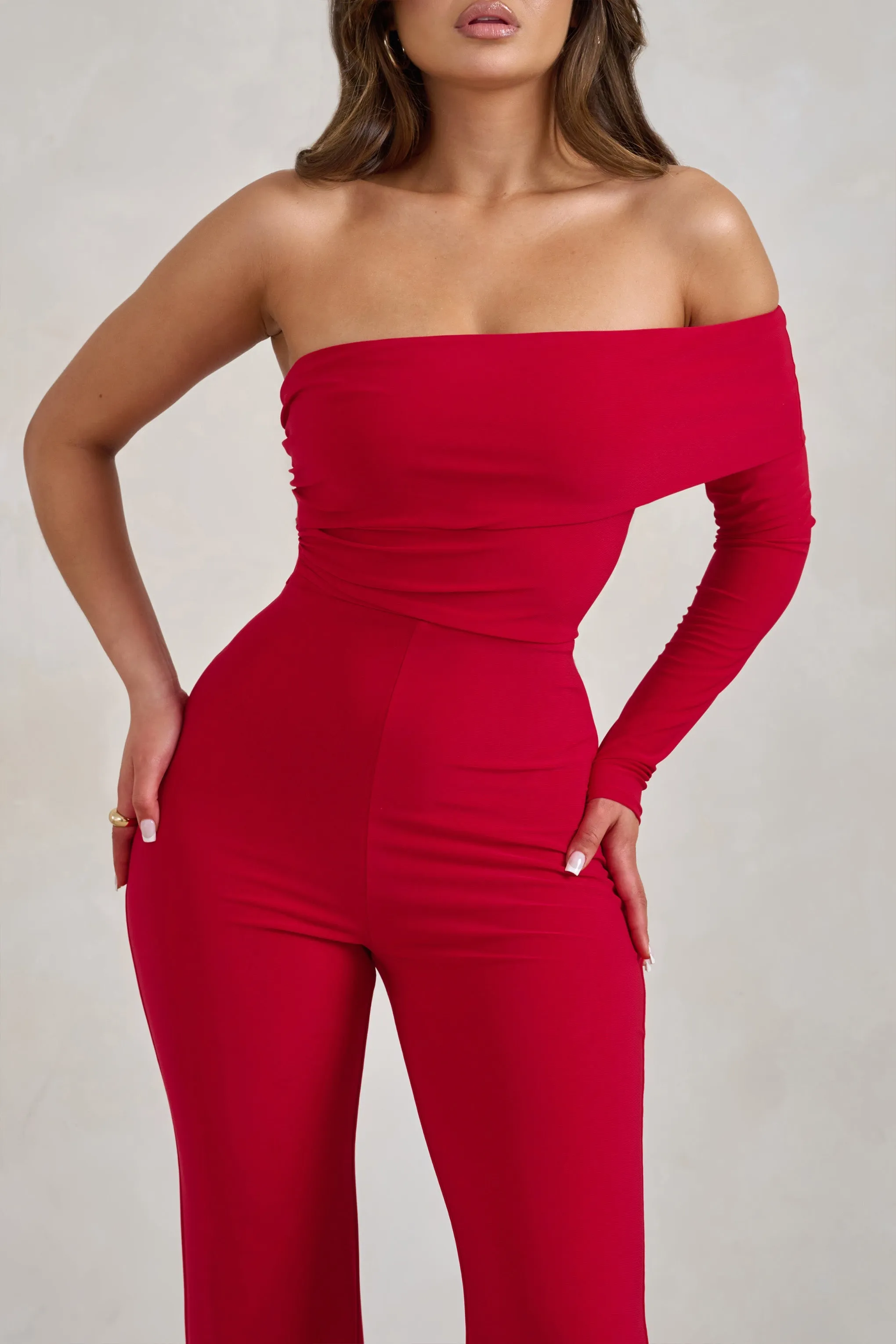 Margie | Red One Sleeve Bardot Jumpsuit sold by Club L London product image thumbnail 3