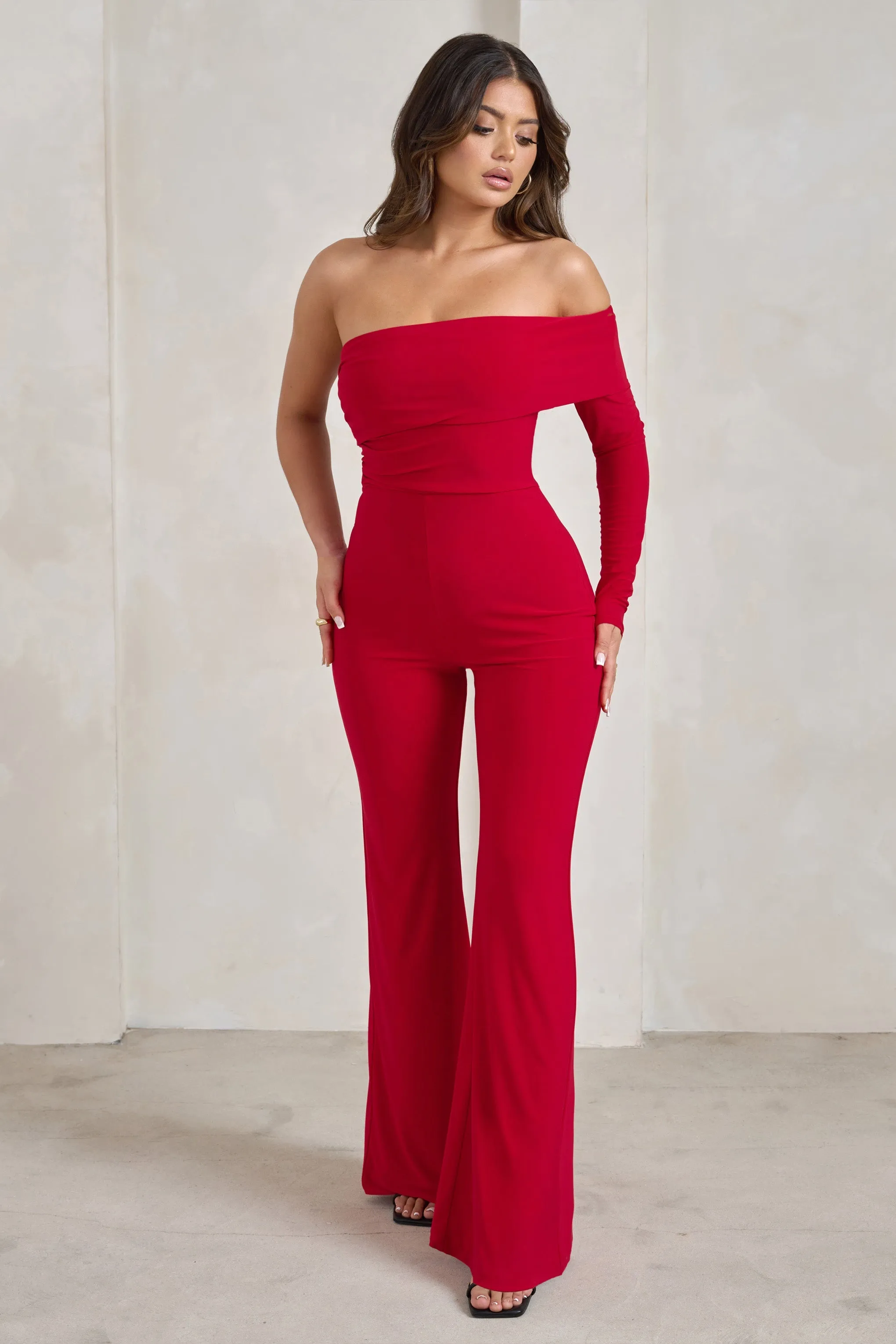 Margie | Red One Sleeve Bardot Jumpsuit sold by Club L London