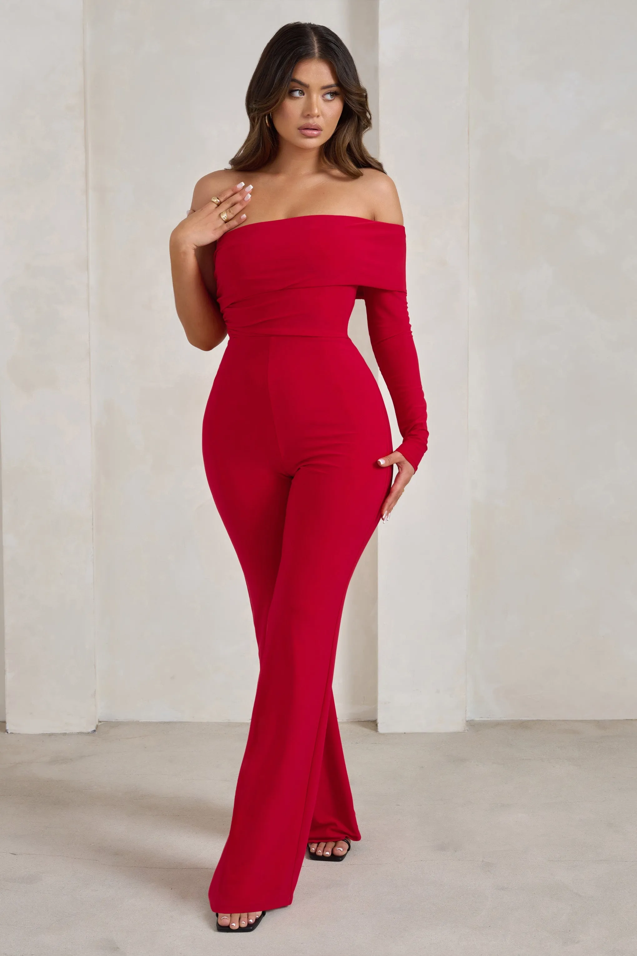 Margie | Red One Sleeve Bardot Jumpsuit sold by Club L London product image thumbnail 4