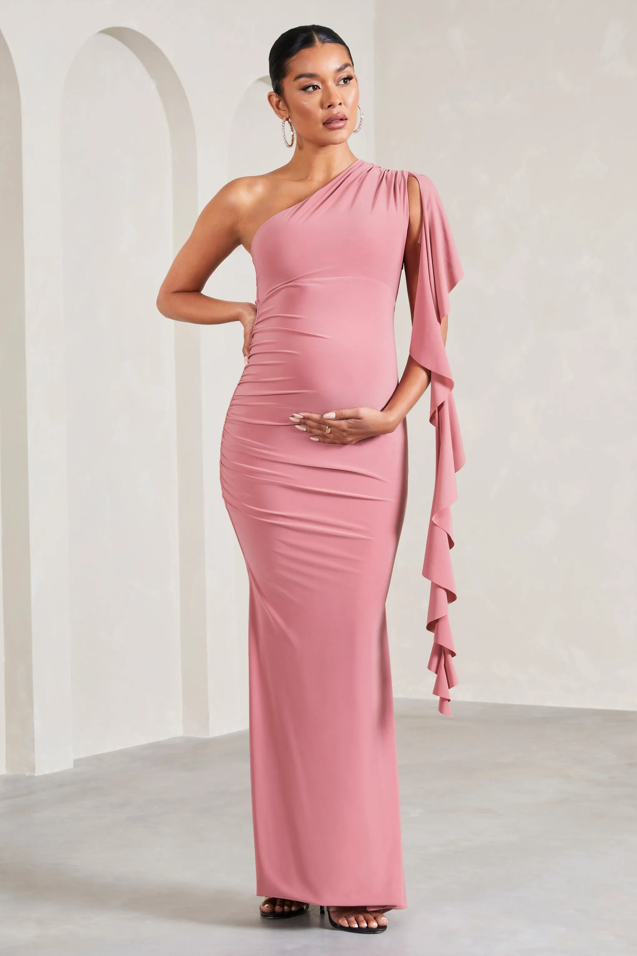 Rosalie | Blush Pink One-Shoulder Maternity Maxi Dress With Ruffles sold by Club L London product image thumbnail 5