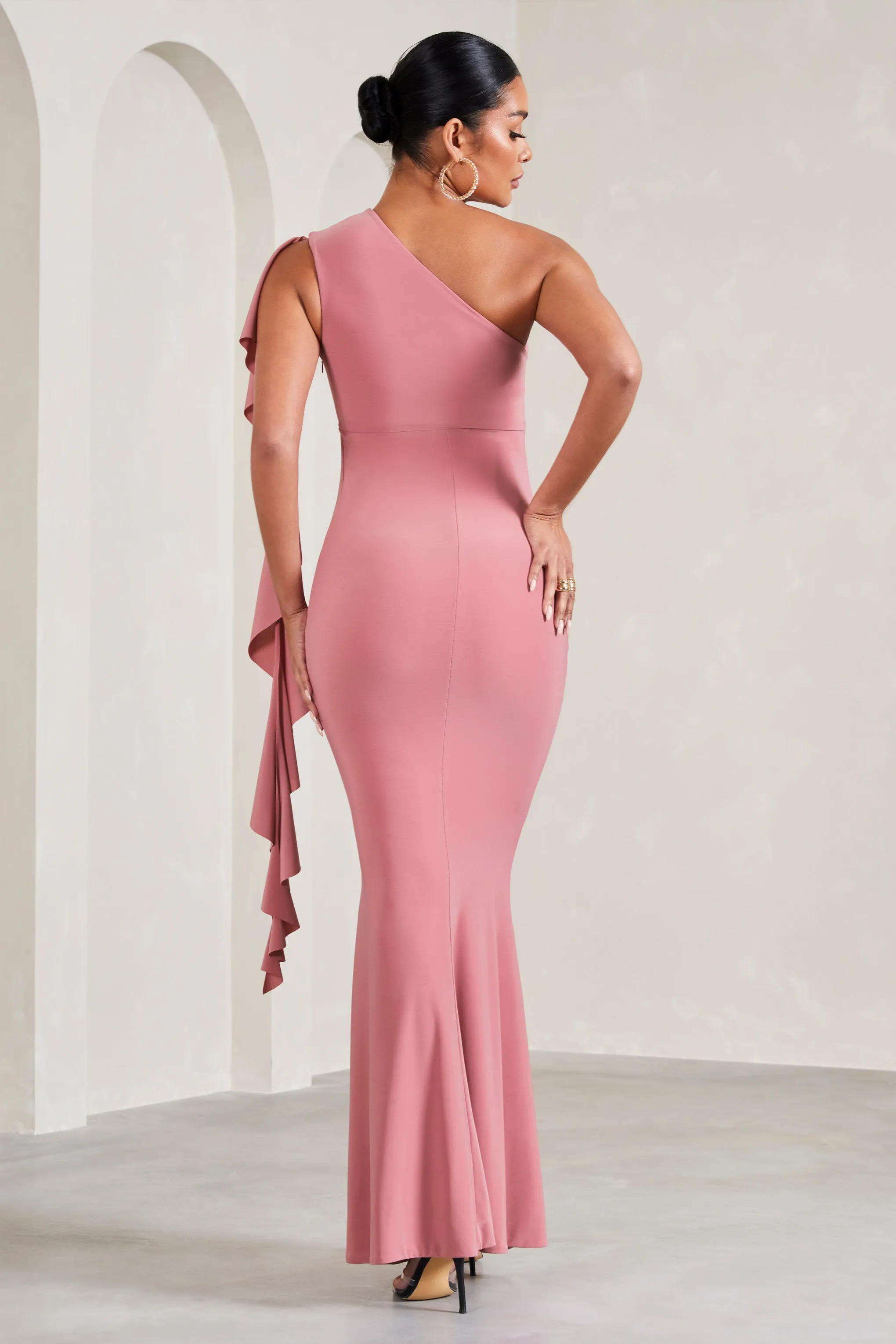 Rosalie | Blush Pink One-Shoulder Maternity Maxi Dress With Ruffles sold by Club L London product image thumbnail 2