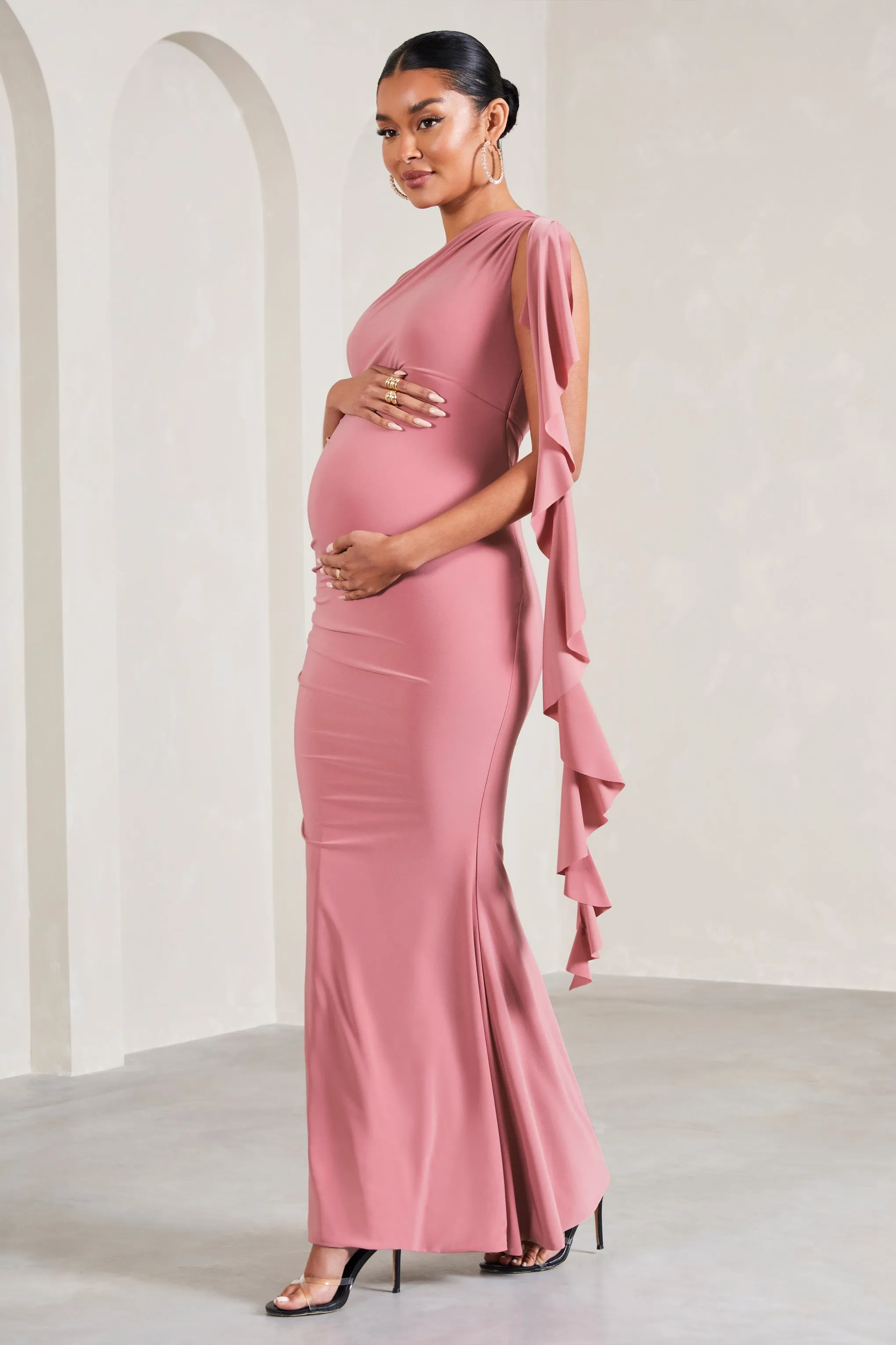 Rosalie | Blush Pink One-Shoulder Maternity Maxi Dress With Ruffles sold by Club L London