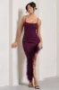 High Status | Burgundy Strappy Corset Asymmetric Maxi Dress With Feather Trim sold by Club L London