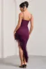 High Status | Burgundy Strappy Corset Asymmetric Maxi Dress With Feather Trim sold by Club L London