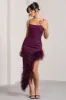 High Status | Burgundy Strappy Corset Asymmetric Maxi Dress With Feather Trim sold by Club L London