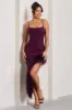 High Status | Burgundy Strappy Corset Asymmetric Maxi Dress With Feather Trim sold by Club L London