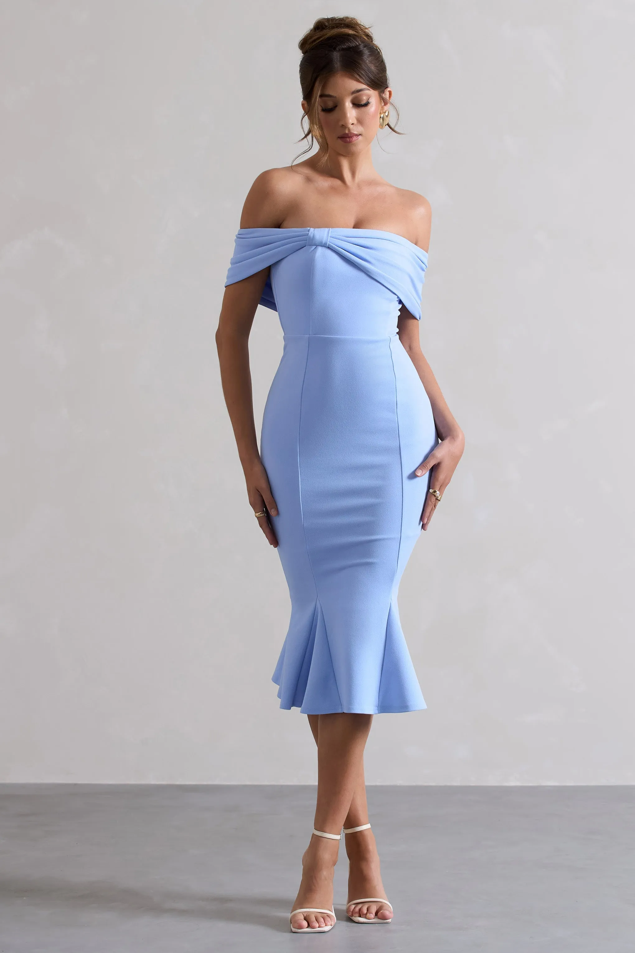 Lydia | Sky Blue Bardot Bow Detail Midi Dress sold by Club L London product image thumbnail 5