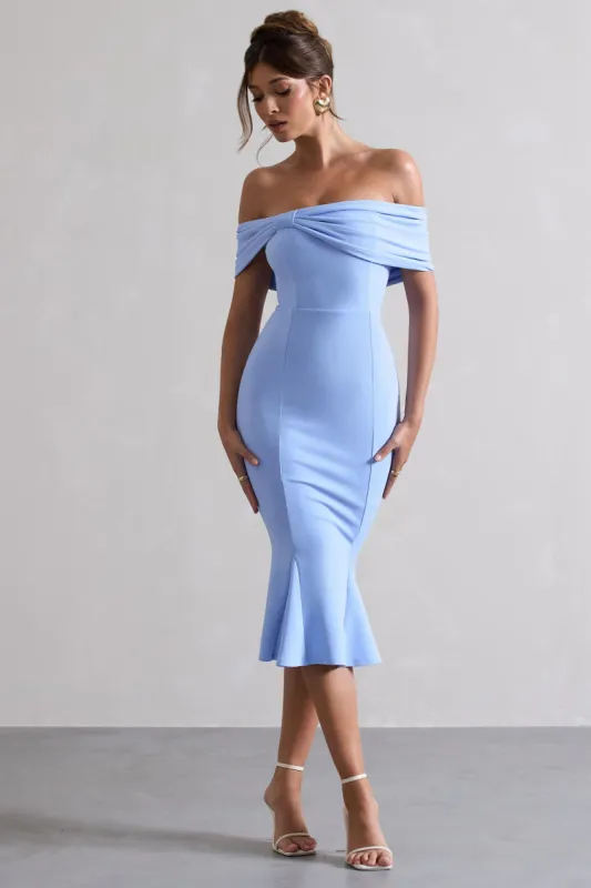 Lydia | Sky Blue Bardot Bow Detail Midi Dress sold by Club L London