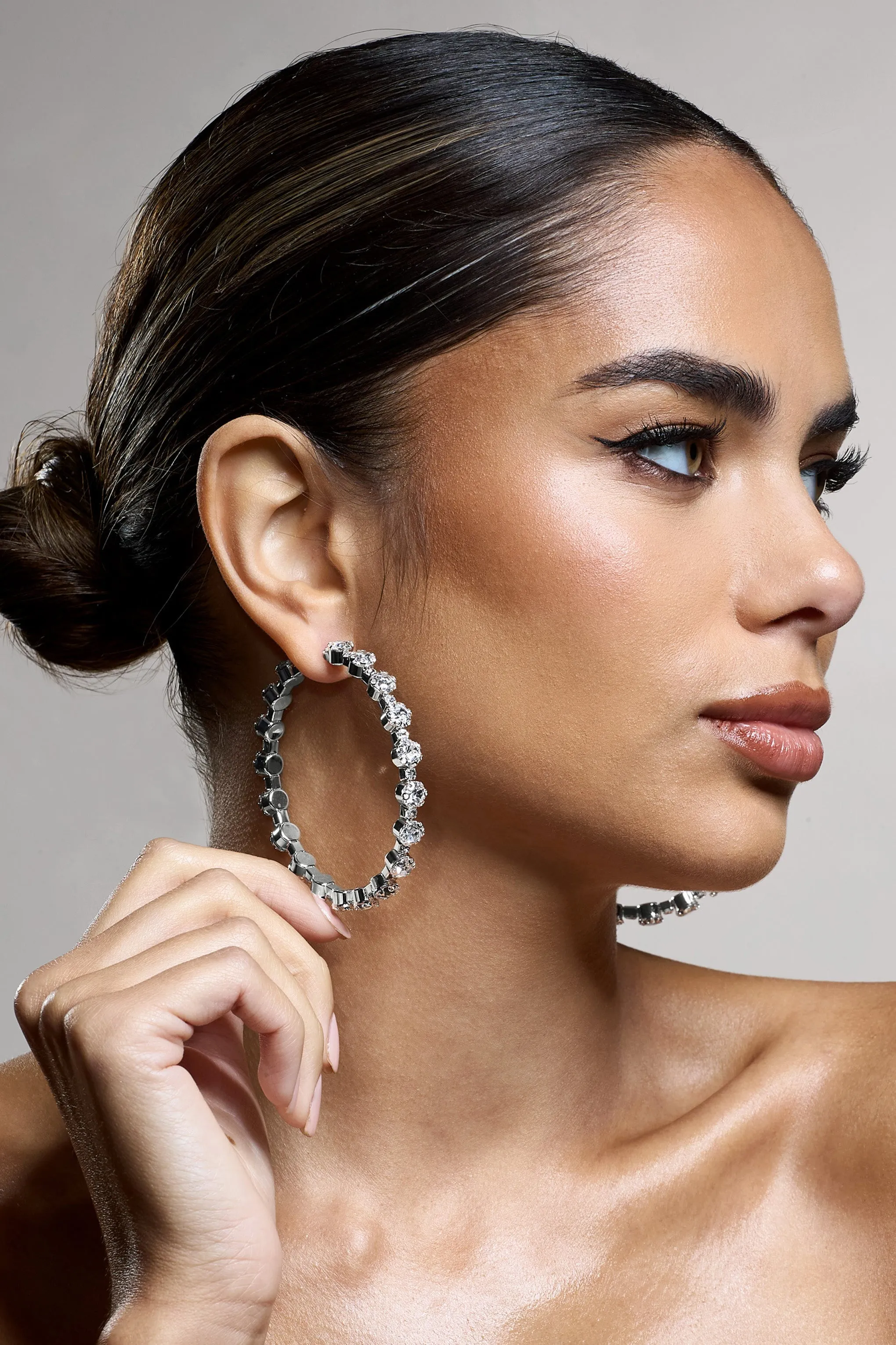 Isobel | Silver Diamante Hoop Earrings sold by Club L London product image thumbnail 5