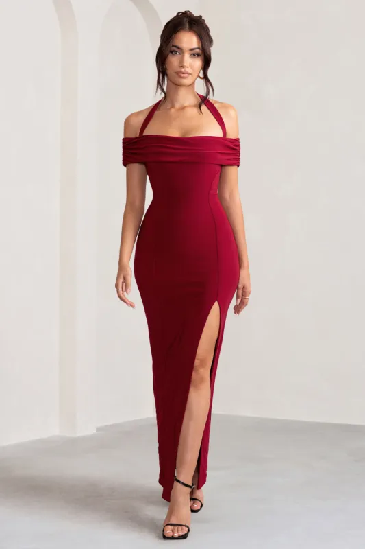 Anisa | Burgundy Halter Neck Bardot Maxi Dress With Thigh Split sold by Club L London