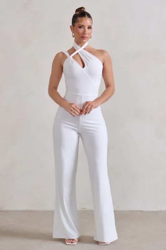 Tilly | White Cut Out Halterneck Asymmetrical Jumpsuit sold by Club L London