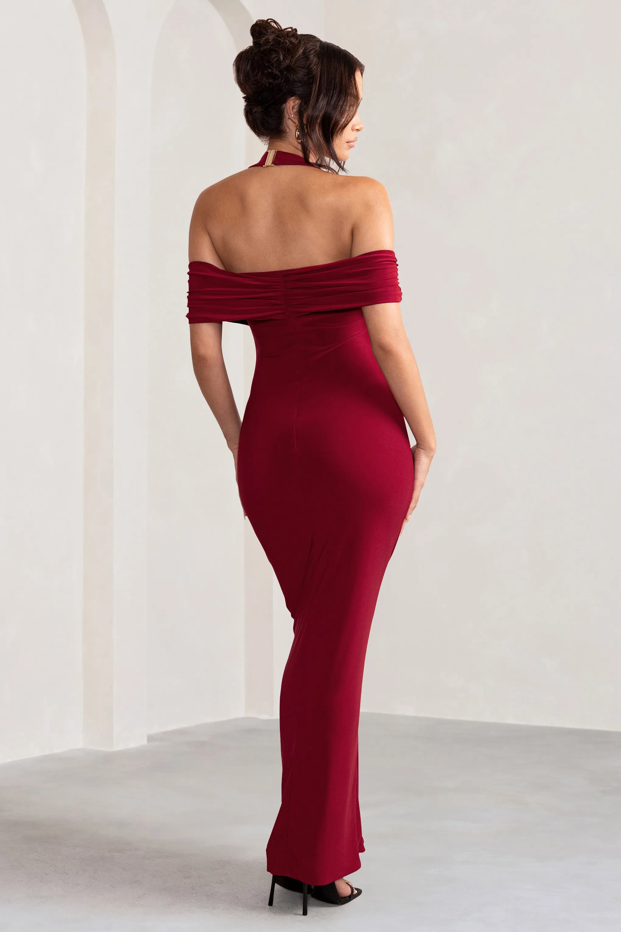 Anisa | Burgundy Halter Neck Bardot Maxi Dress With Thigh Split sold by Club L London product image thumbnail 2