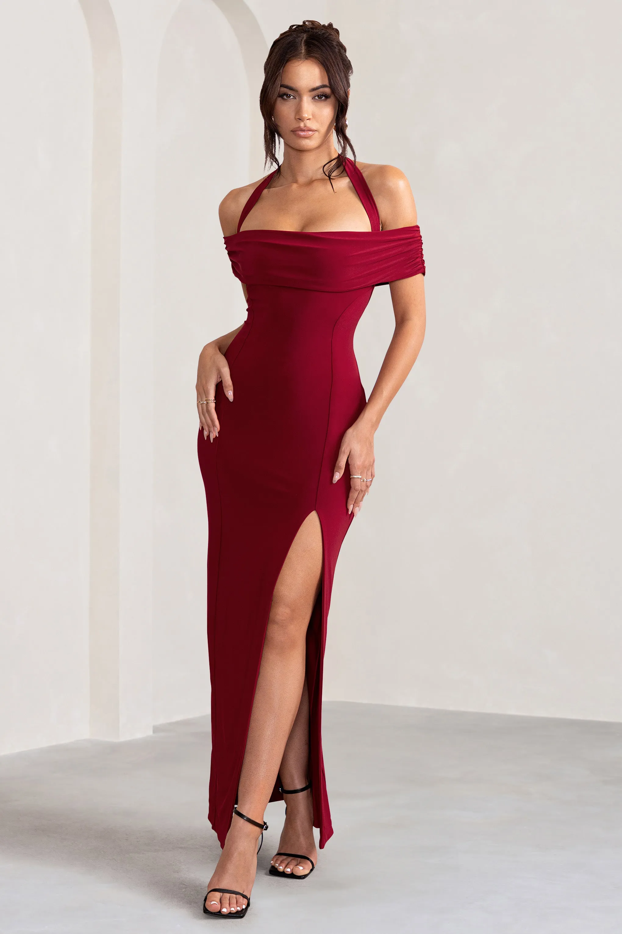 Anisa | Burgundy Halter Neck Bardot Maxi Dress With Thigh Split sold by Club L London product image thumbnail 3