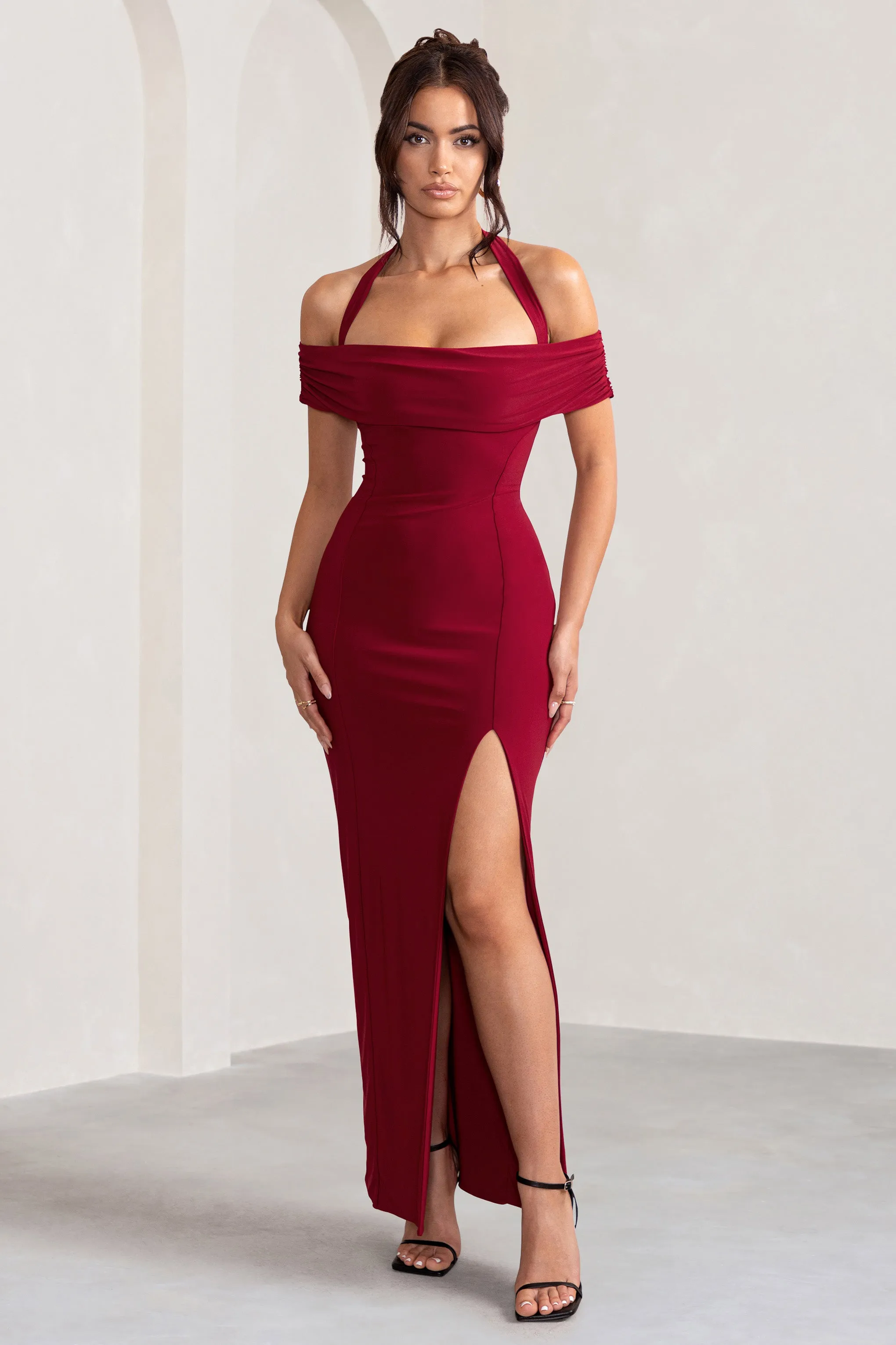 Anisa | Burgundy Halter Neck Bardot Maxi Dress With Thigh Split sold by Club L London product image thumbnail 4