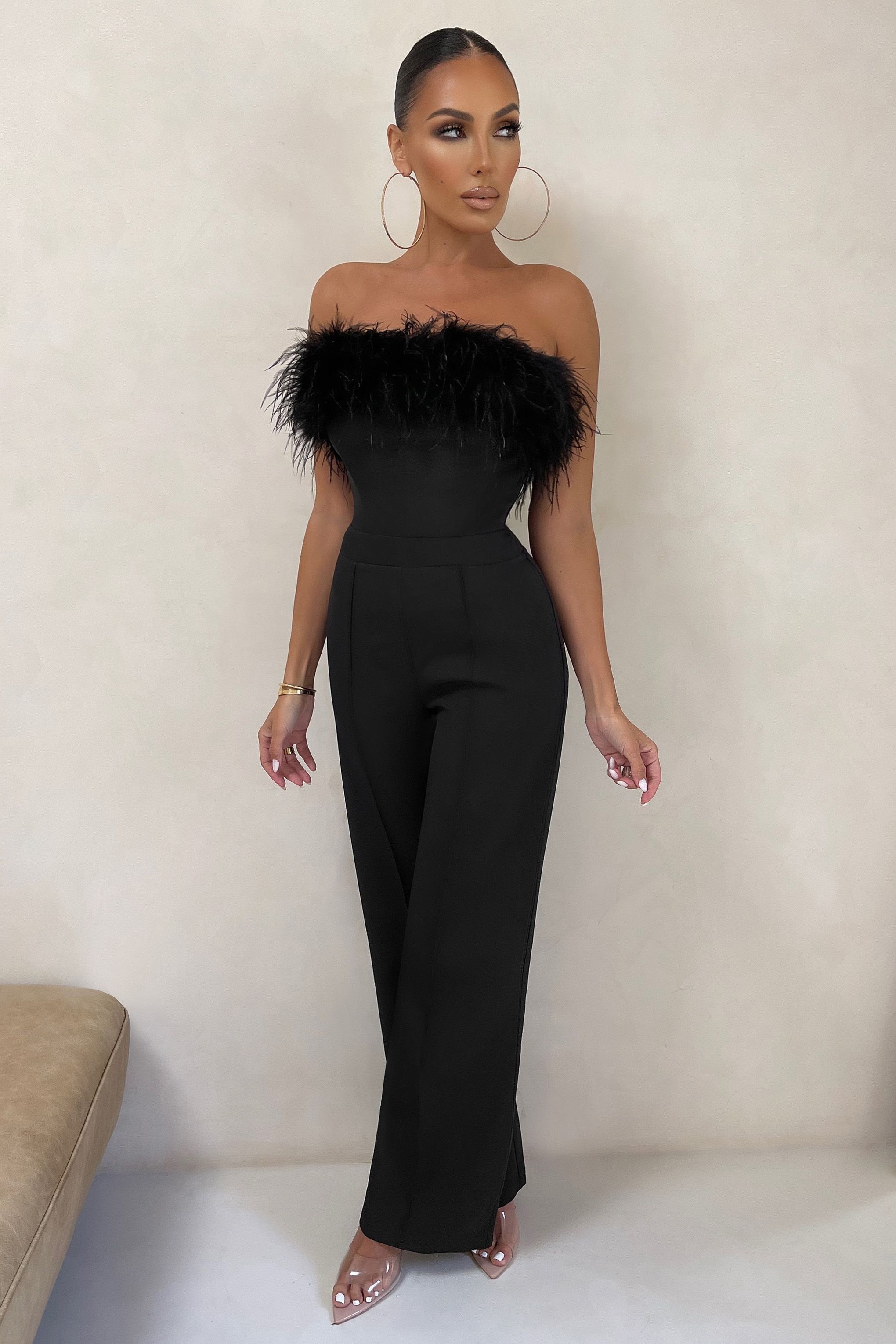 First Class | Black Bandeau Feather Wide Leg Jumpsuit sold by Club L London
