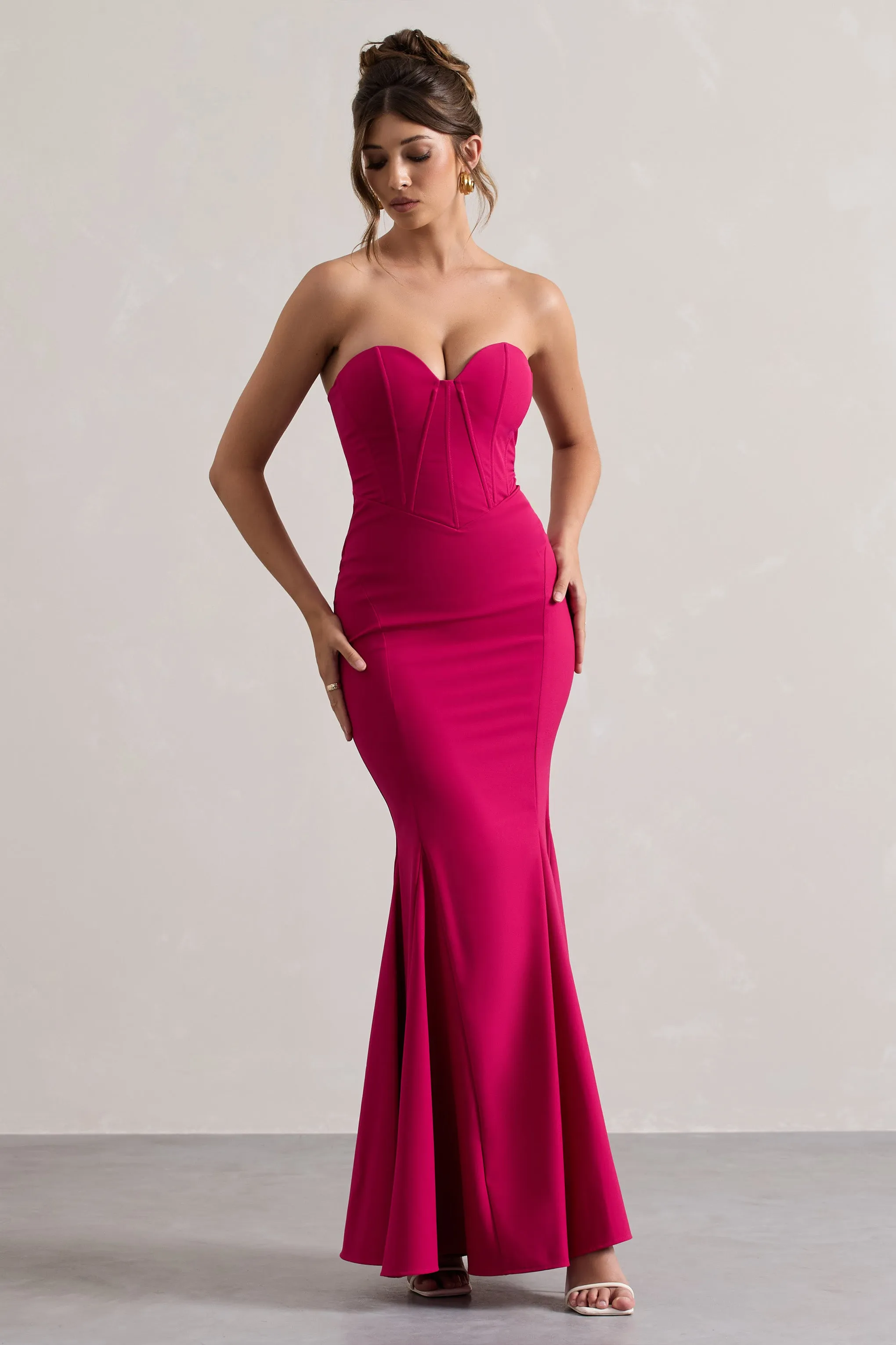 Idyllic | Hot Pink Strapless Corset Style Fishtail Maxi Dress sold by Club L London product image thumbnail 5
